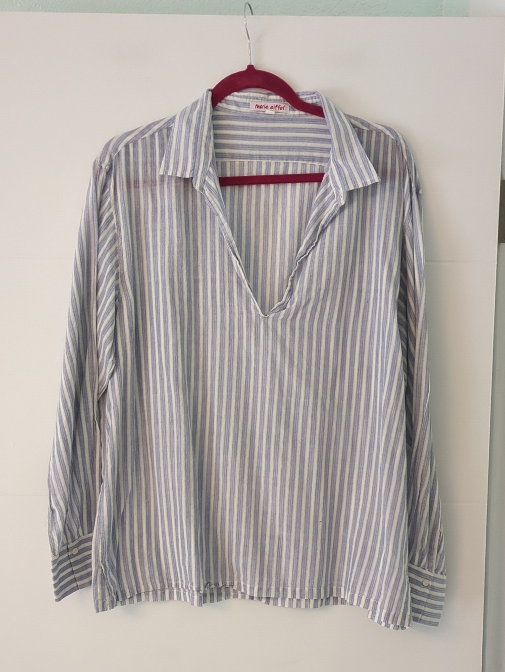 Marie Eiffel Striped Blue & White Lightweight Women's Long-Sleeve Shirt Sz L